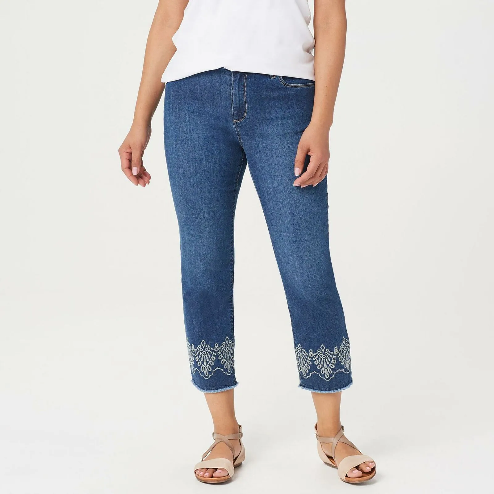 Susan Graver Women's Embroidered High Stretch Denim Crop Jeans