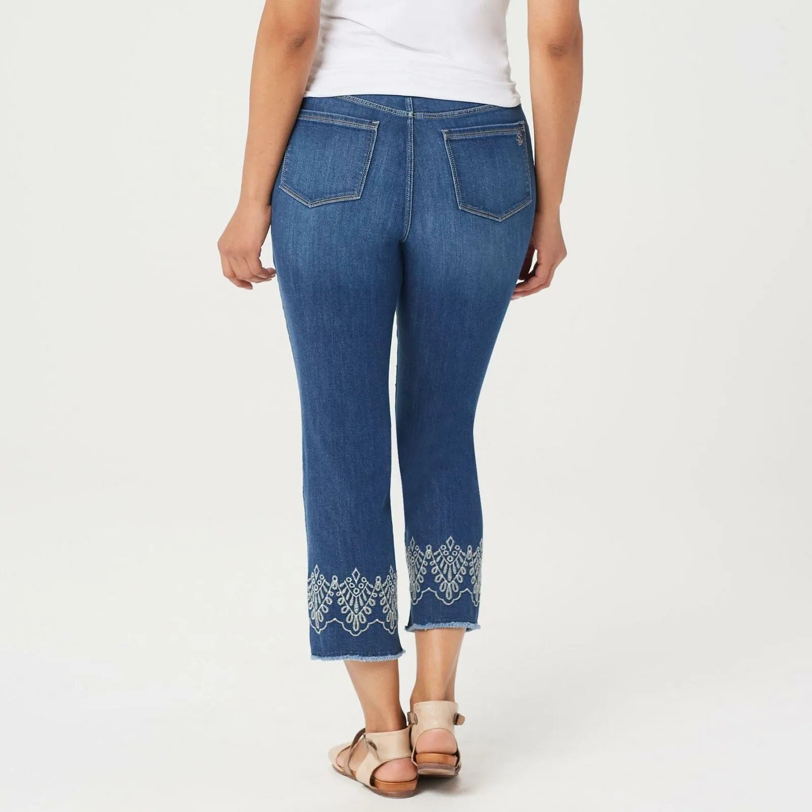 Susan Graver Women's Embroidered High Stretch Denim Crop Jeans