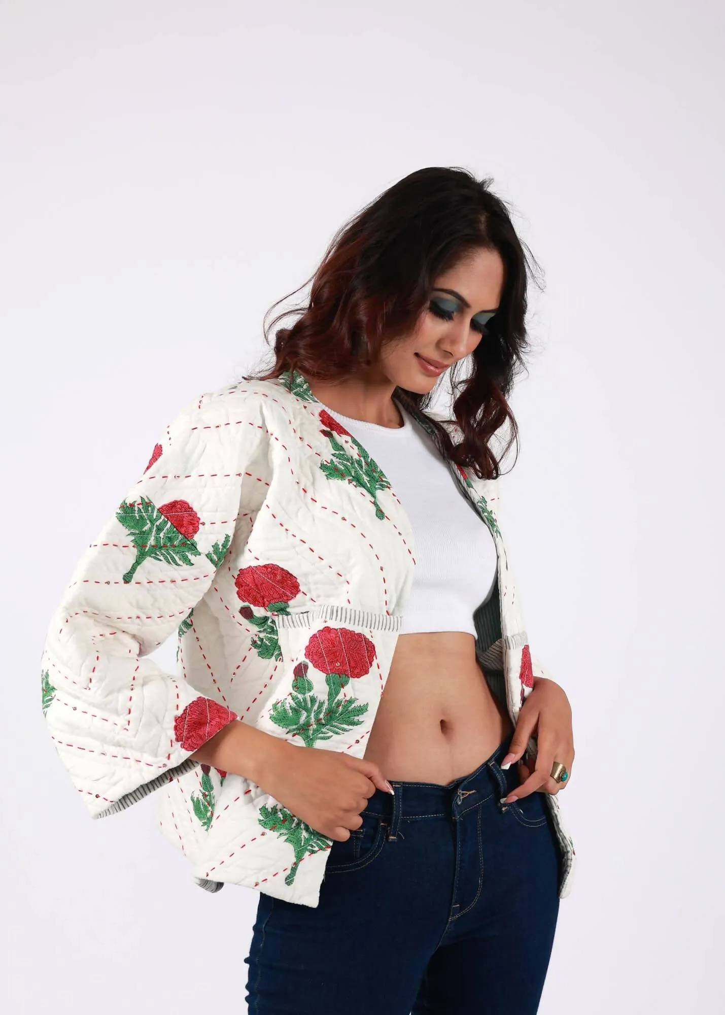 Swan Handblock Printed Ivory Jacket