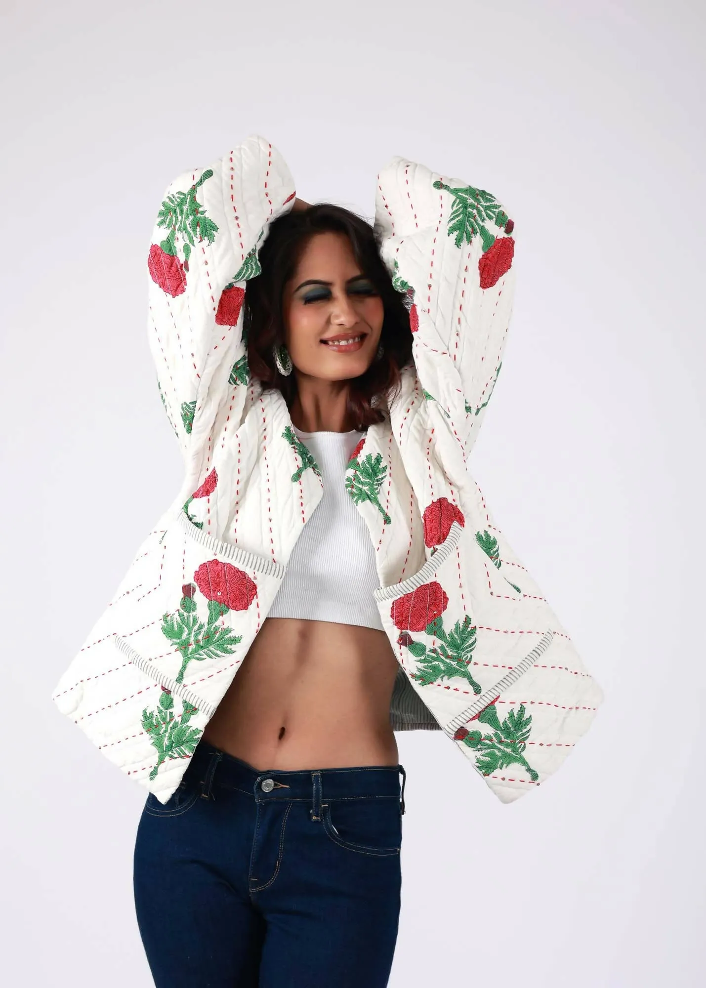 Swan Handblock Printed Ivory Jacket