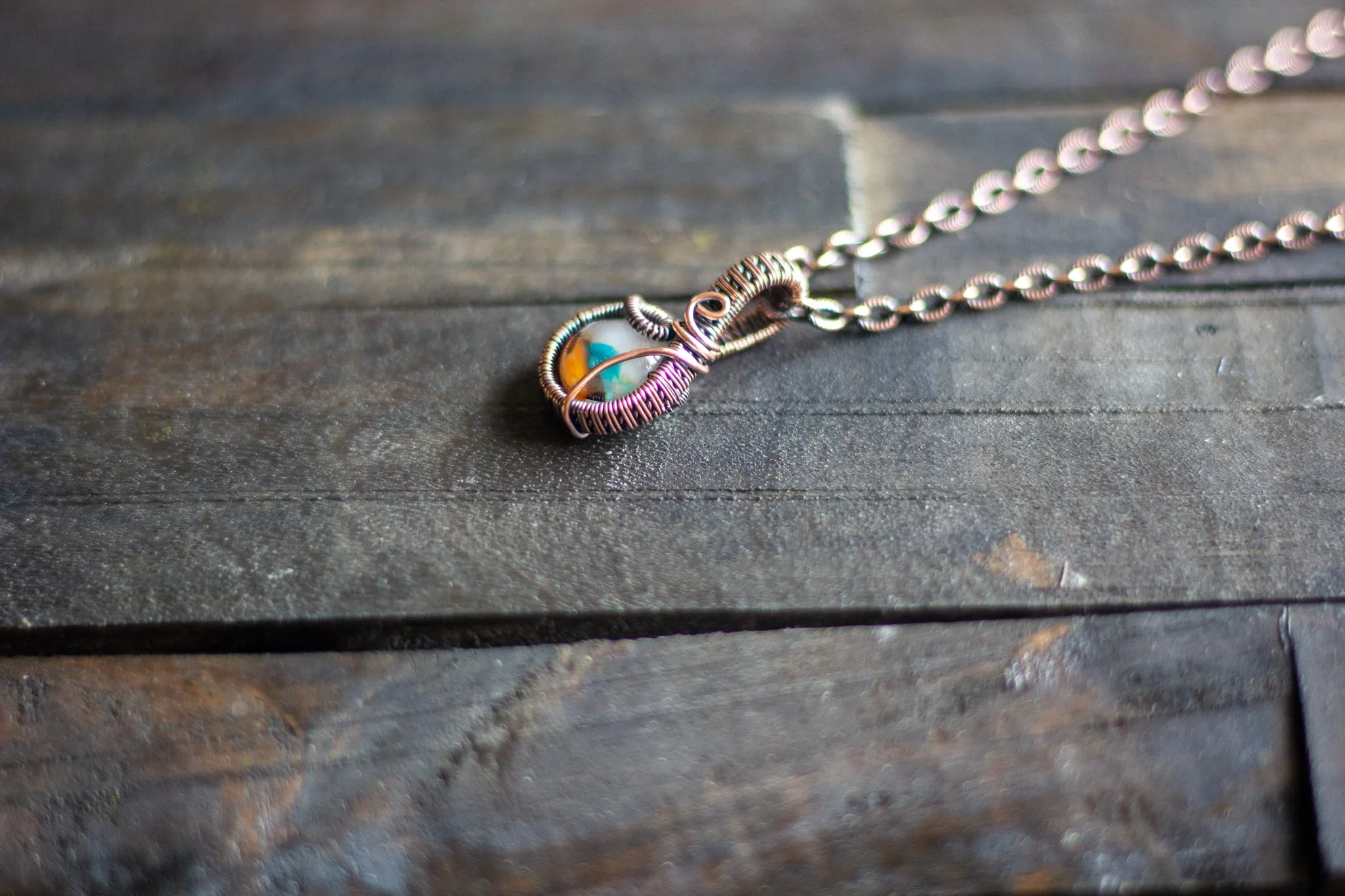 Teal, Orange and Cream Fused Glass Mini Pendant with Copper Wire Wrapping