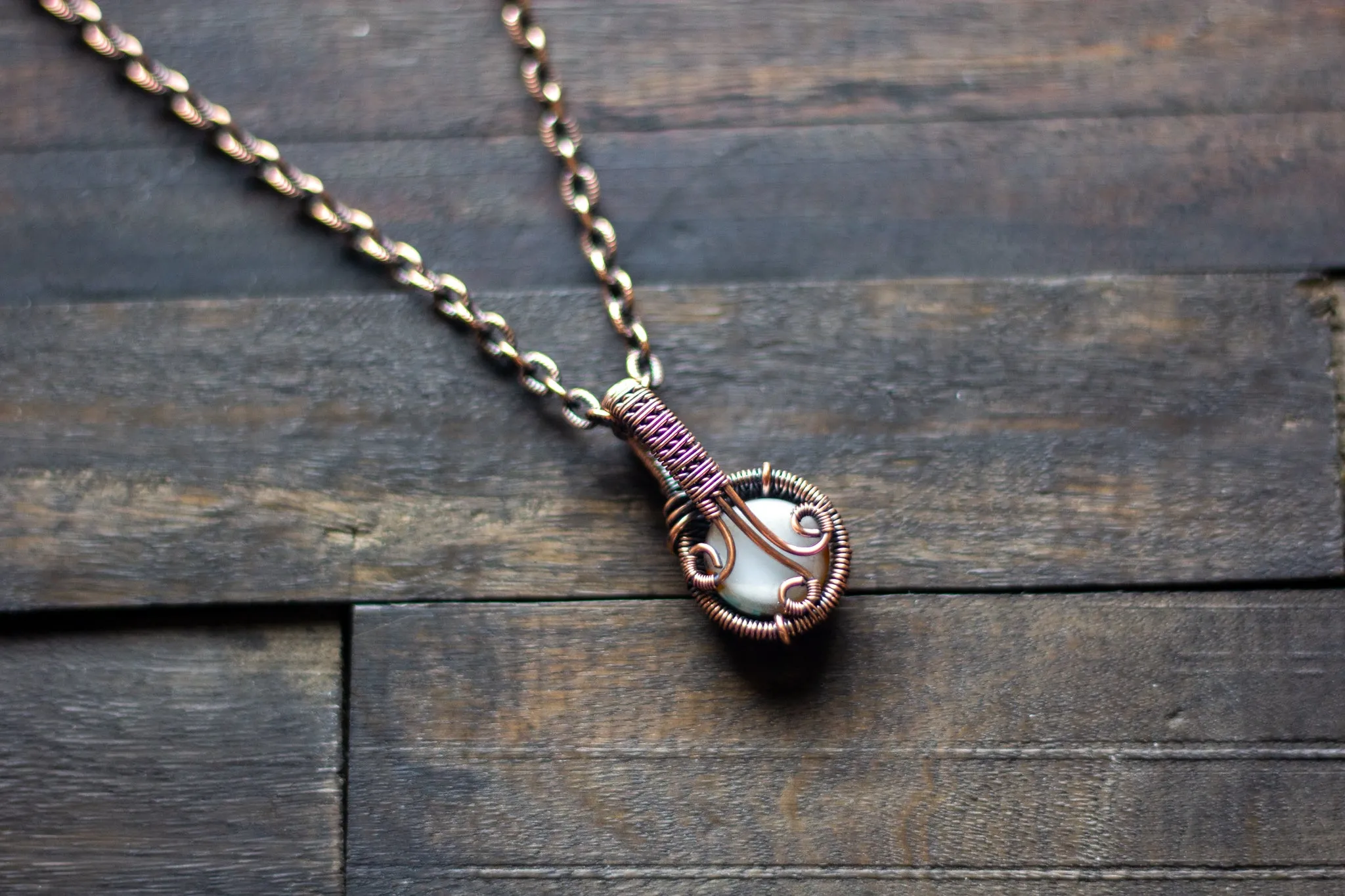 Teal, Orange and Cream Fused Glass Mini Pendant with Copper Wire Wrapping
