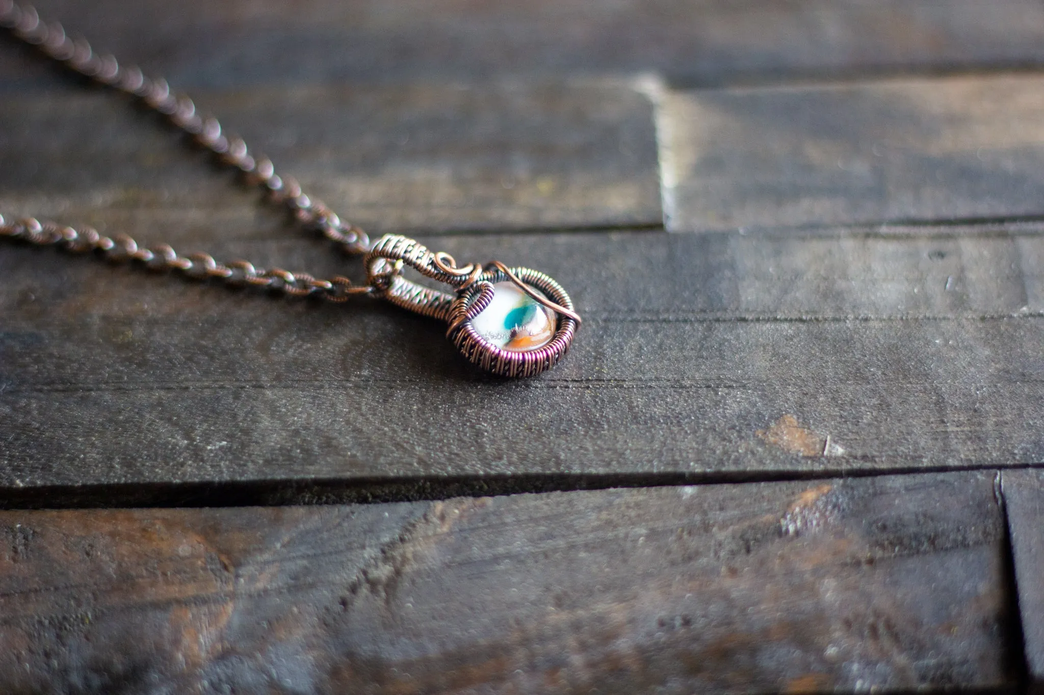 Teal, Orange and Cream Fused Glass Mini Pendant with Copper Wire Wrapping