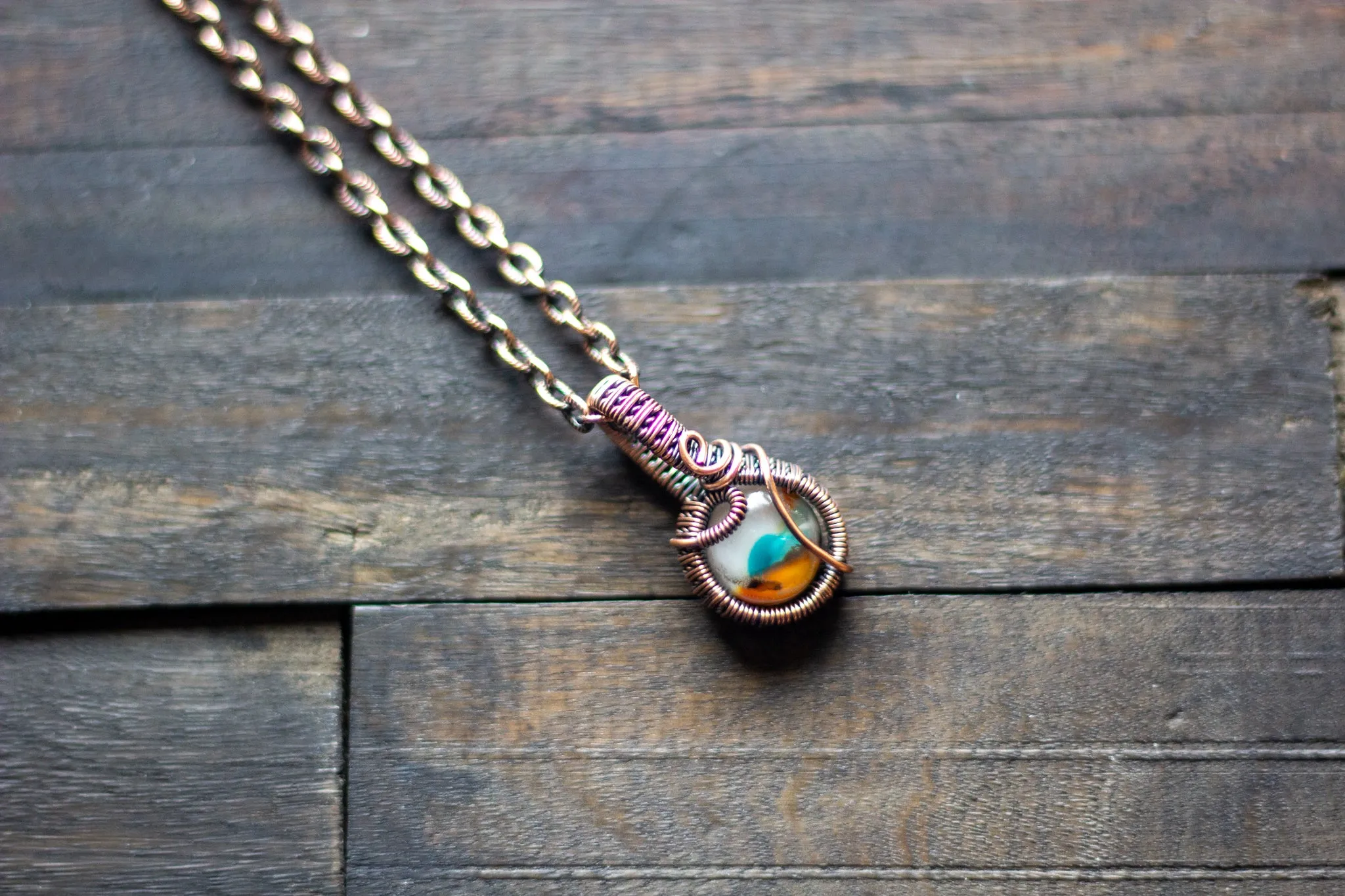 Teal, Orange and Cream Fused Glass Mini Pendant with Copper Wire Wrapping