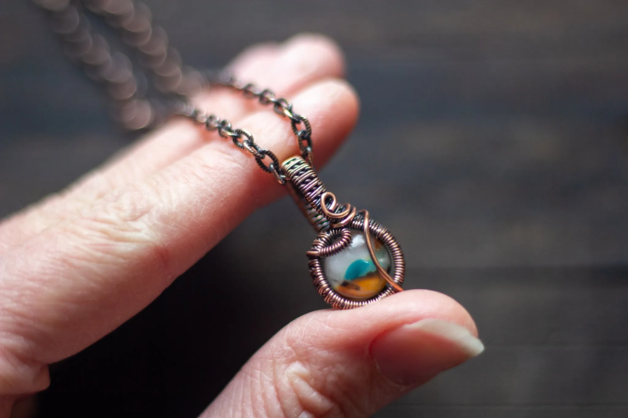 Teal, Orange and Cream Fused Glass Mini Pendant with Copper Wire Wrapping
