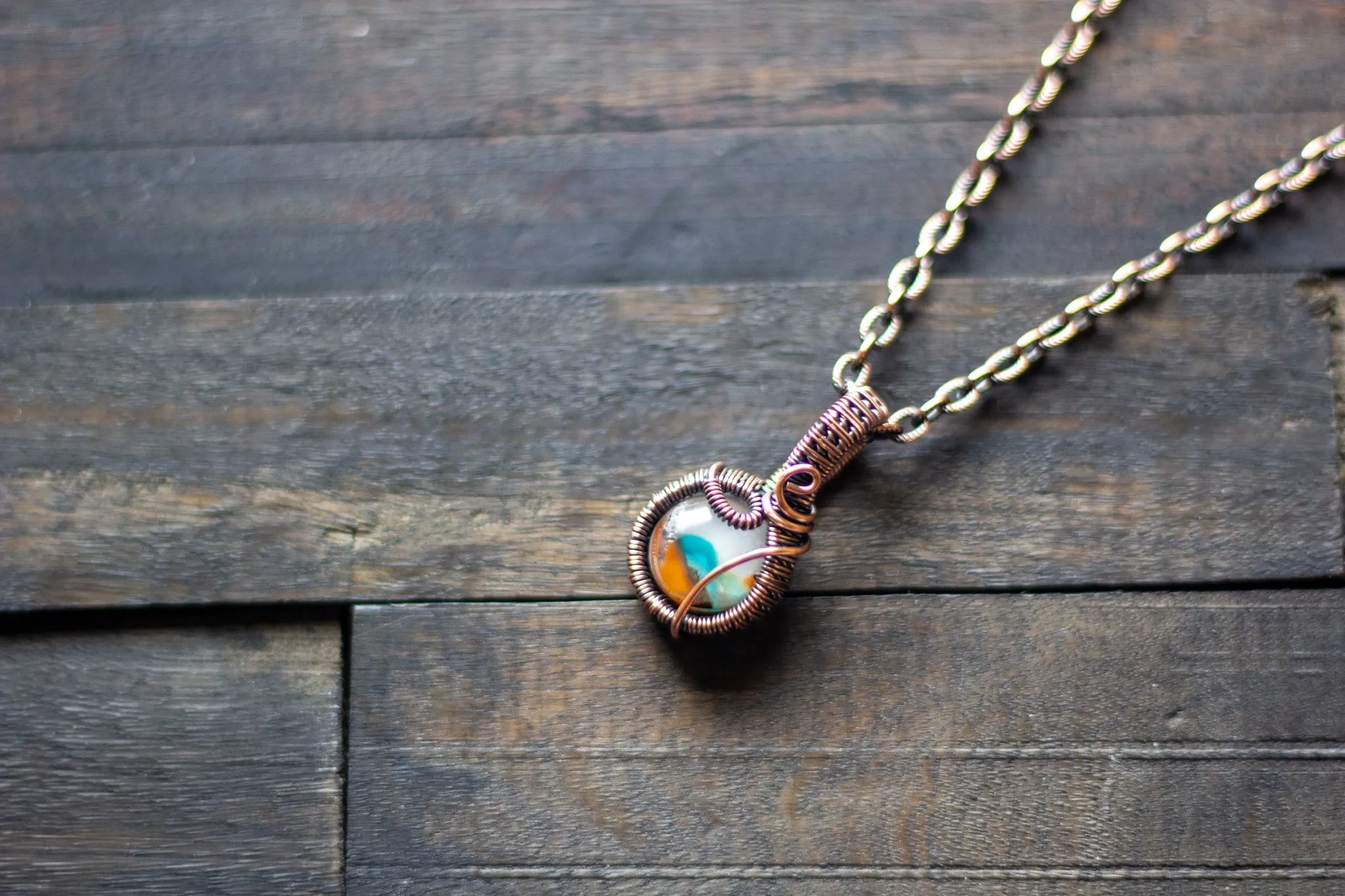 Teal, Orange and Cream Fused Glass Mini Pendant with Copper Wire Wrapping