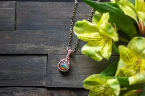 Teal, Orange and Cream Fused Glass Mini Pendant with Copper Wire Wrapping