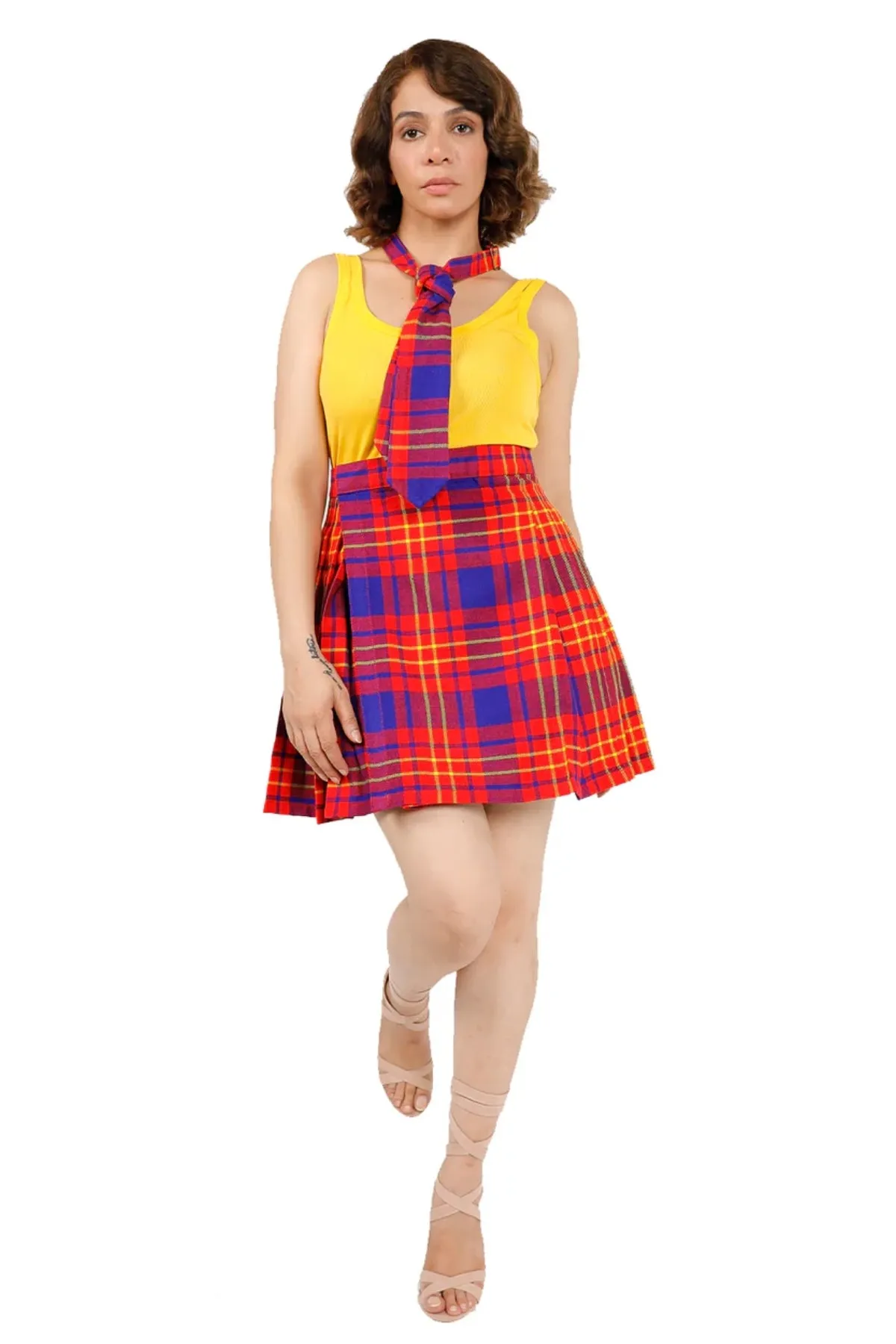 Vibrant Pleated Plaid Mini Skirt with Velcro Closure