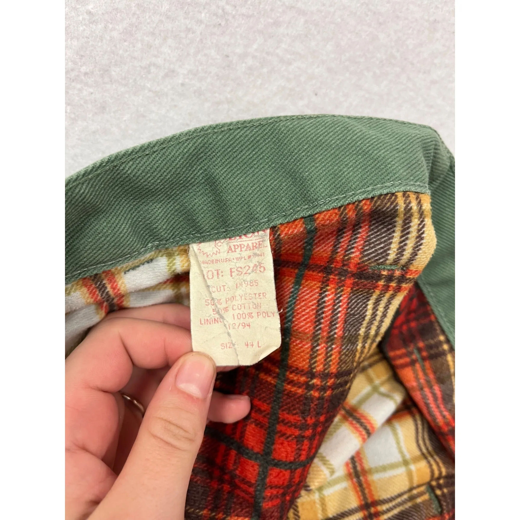 Vintage 1990s Lion Apparel Mens 44L Green Double-Lined Pants With Plaid Interior #8052
