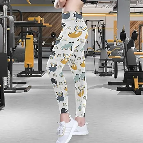 visesunny High Waist Yoga Pants with Pockets Funny Sloth on Rainbow Buttery Soft Tummy Control Running Workout Pants 4 Way Stretch Pocket Leggings