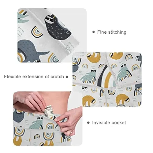 visesunny High Waist Yoga Pants with Pockets Funny Sloth on Rainbow Buttery Soft Tummy Control Running Workout Pants 4 Way Stretch Pocket Leggings