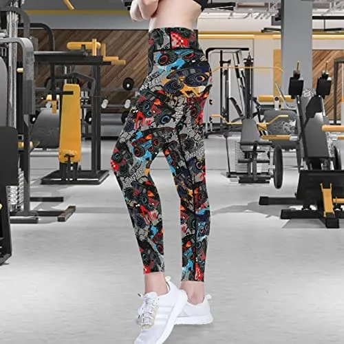 visesunny High Waist Yoga Pants with Pockets Monster Truck Car Pattern Buttery Soft Tummy Control Running Workout Pants 4 Way Stretch Pocket Leggings