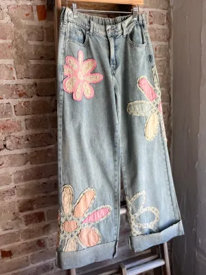 Washed Flower Patchwork Denim Jeans