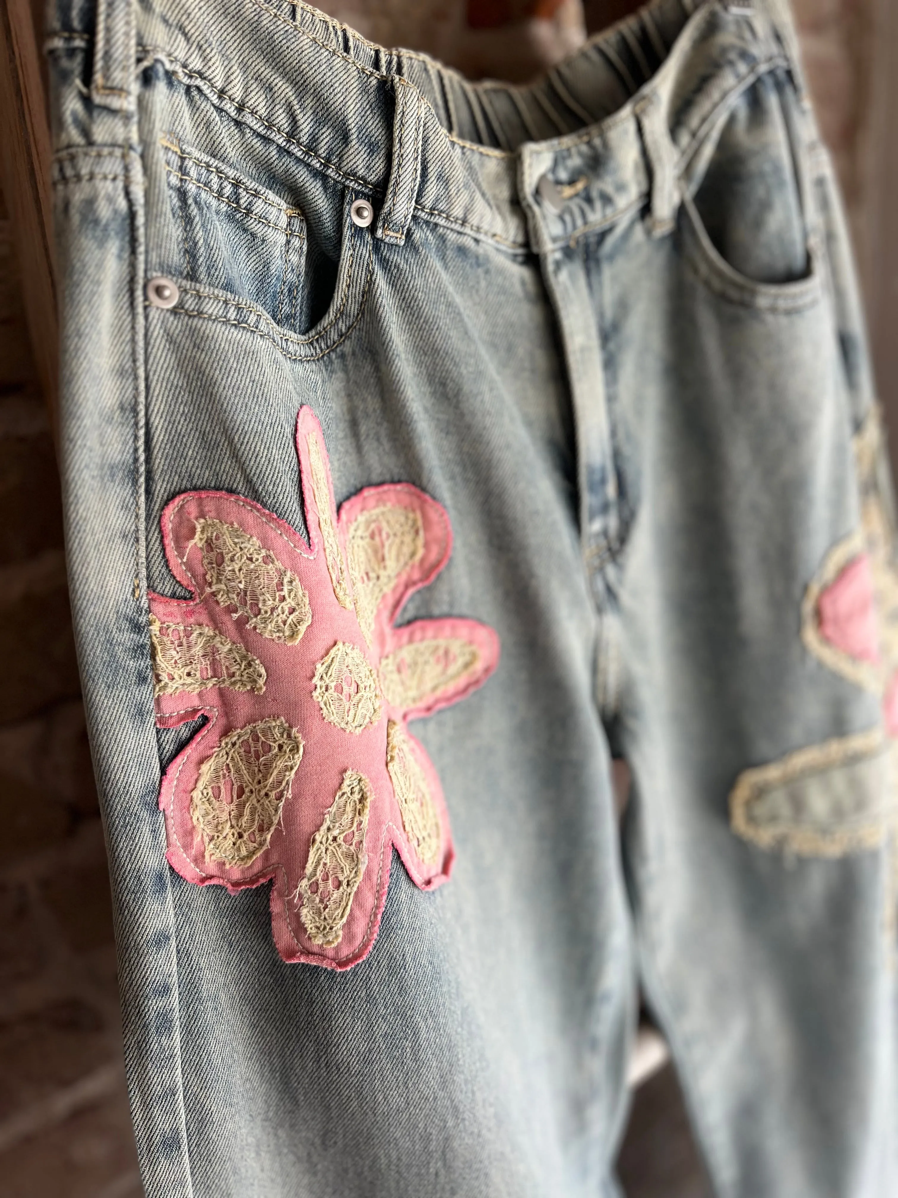 Washed Flower Patchwork Denim Jeans