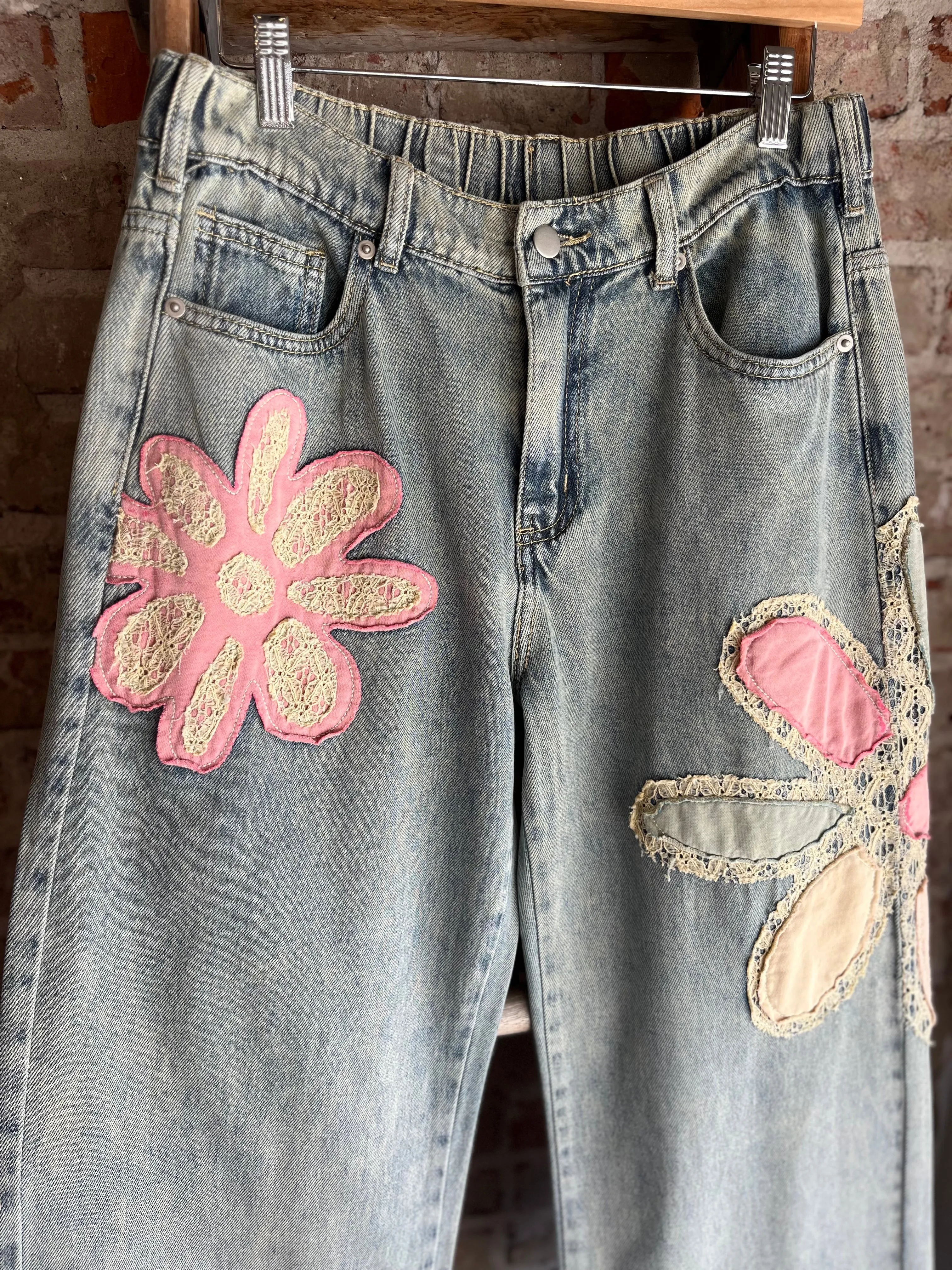 Washed Flower Patchwork Denim Jeans
