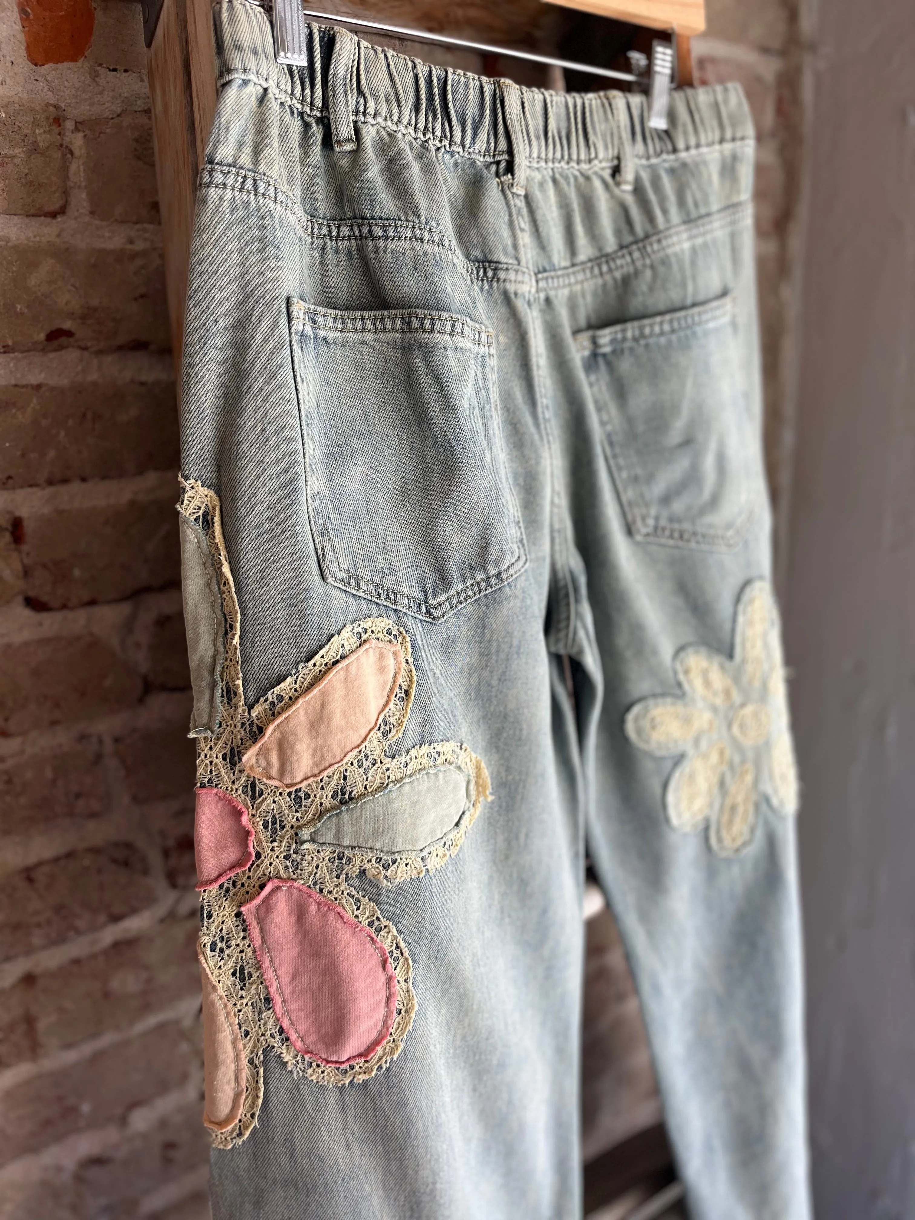 Washed Flower Patchwork Denim Jeans