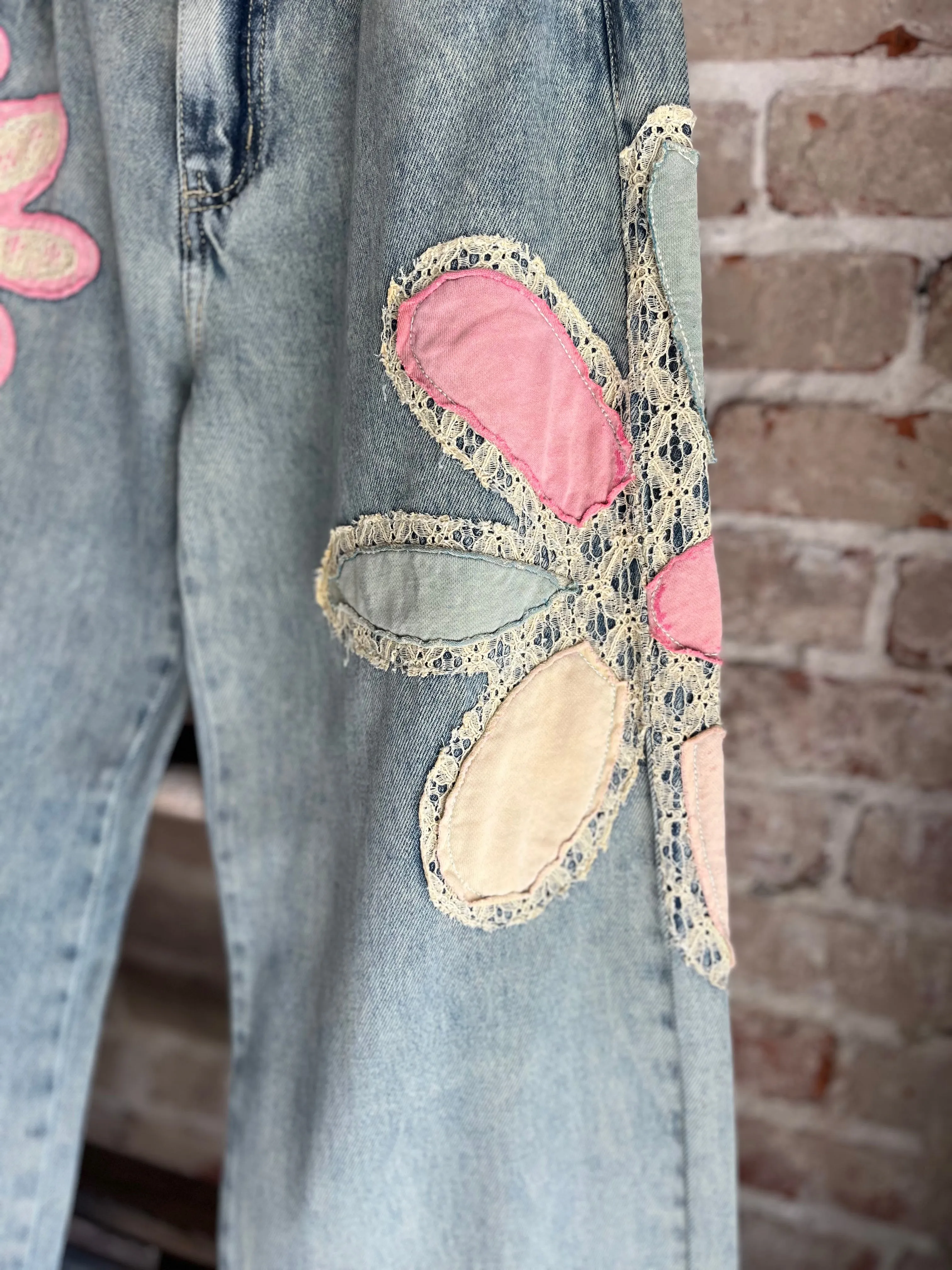 Washed Flower Patchwork Denim Jeans