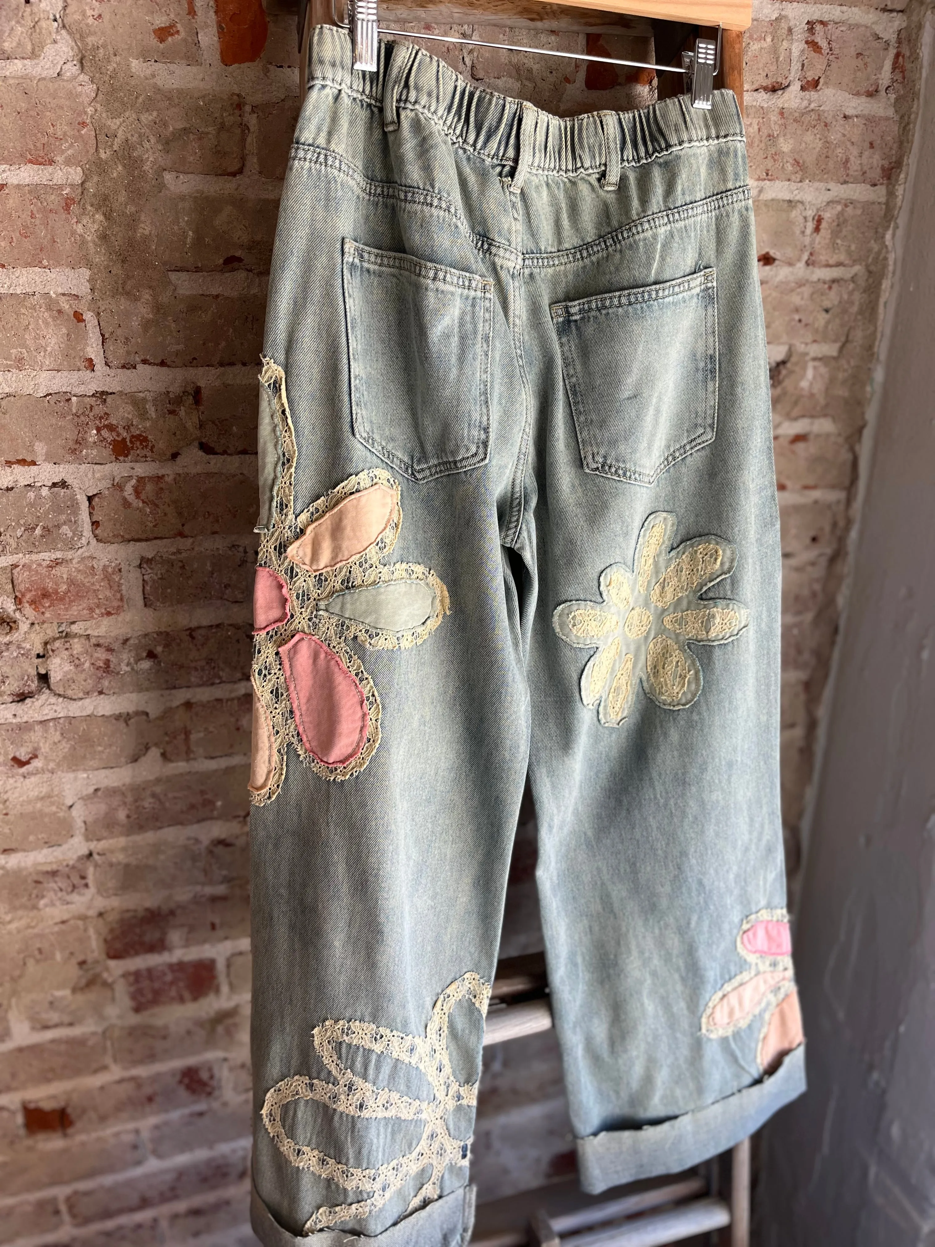 Washed Flower Patchwork Denim Jeans