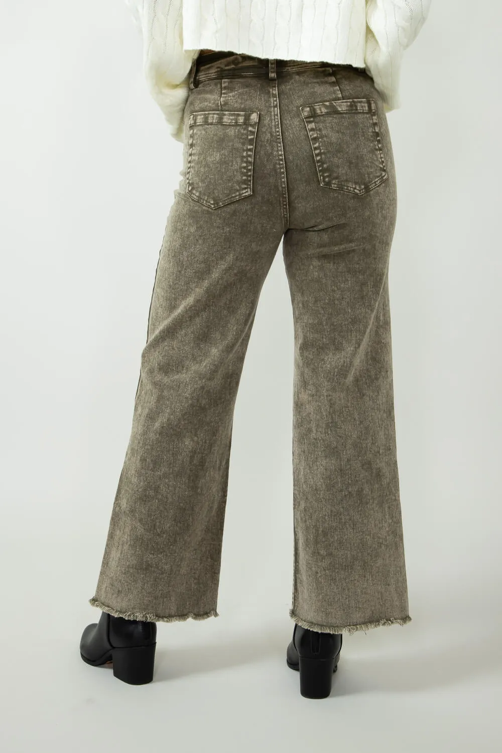 Washed Frayed Wide Leg Jeans for Women in Olive | NP70291-OLIVE