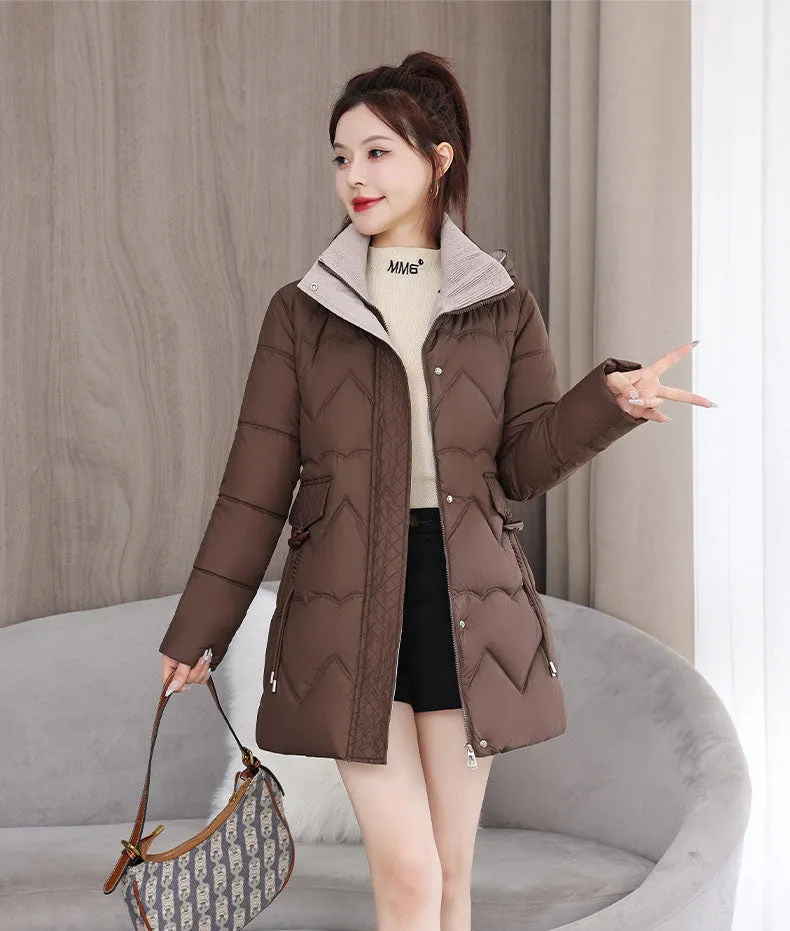 Waterproof Full Zip Puffer Jacket for Women with Drawstring Waist