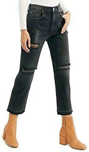 We The Free Womens Lita Denim Distressed Straight Leg Jeans Black 24