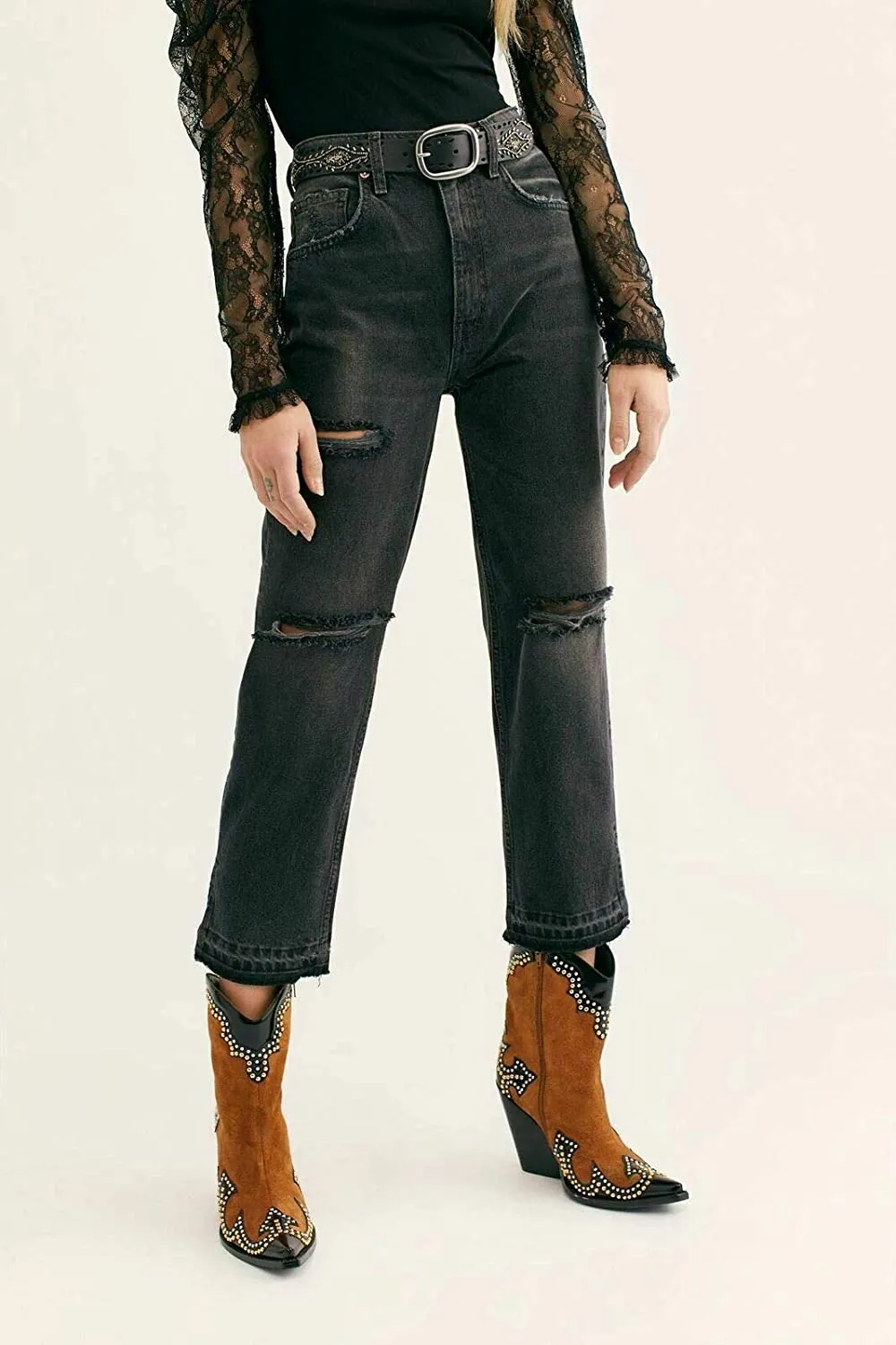 We The Free Womens Lita Denim Distressed Straight Leg Jeans Black 24