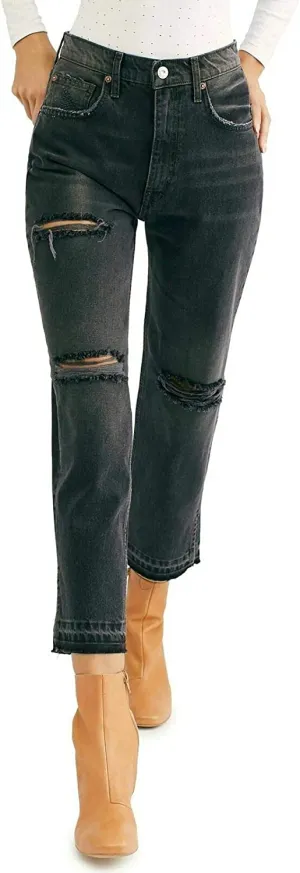We The Free Womens Lita Denim Distressed Straight Leg Jeans Black 24