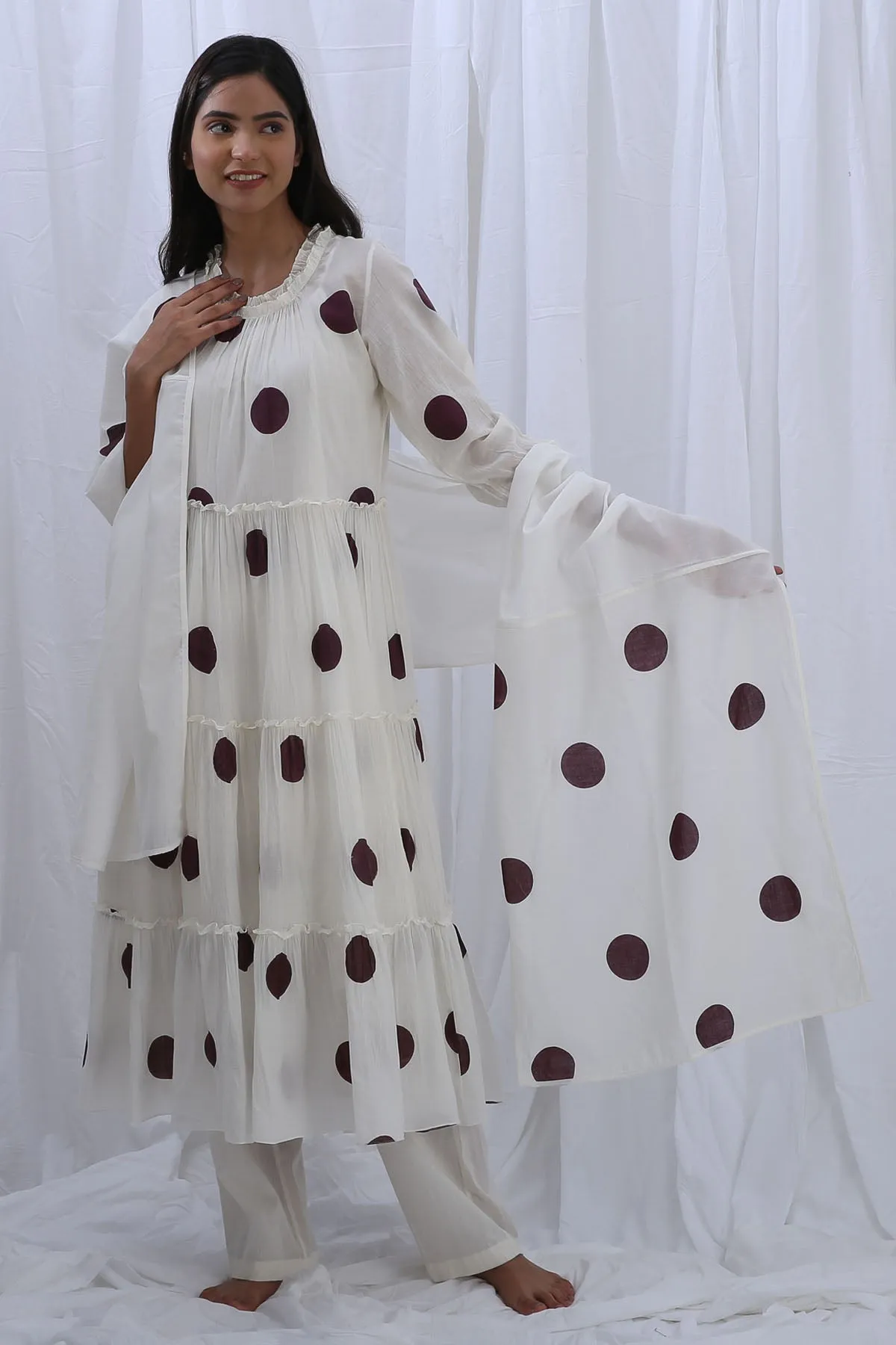 White Printed Frill Kurta Set
