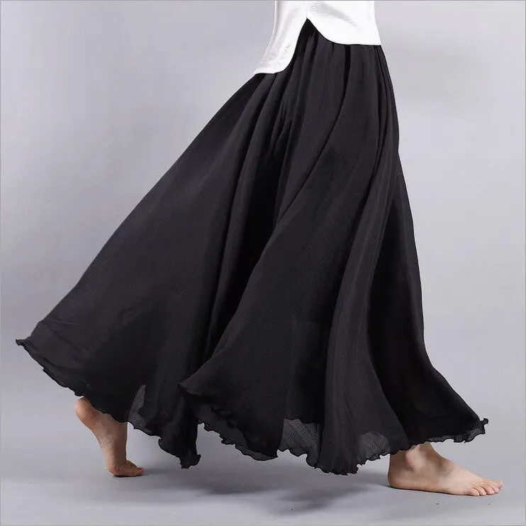 Women Linen Cotton Long Skirts Elastic Waist Pleated Literary style Vintage Skirts