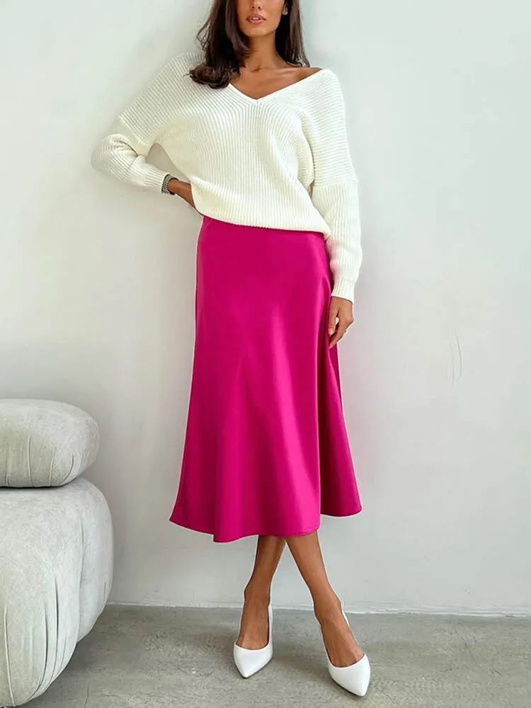 Women Skirts Korean Fashion Silk A-line Skirt  Long Summer Skirts