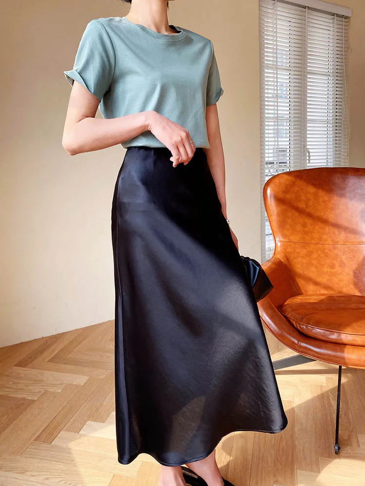 Women Skirts Korean Fashion Silk A-line Skirt  Long Summer Skirts