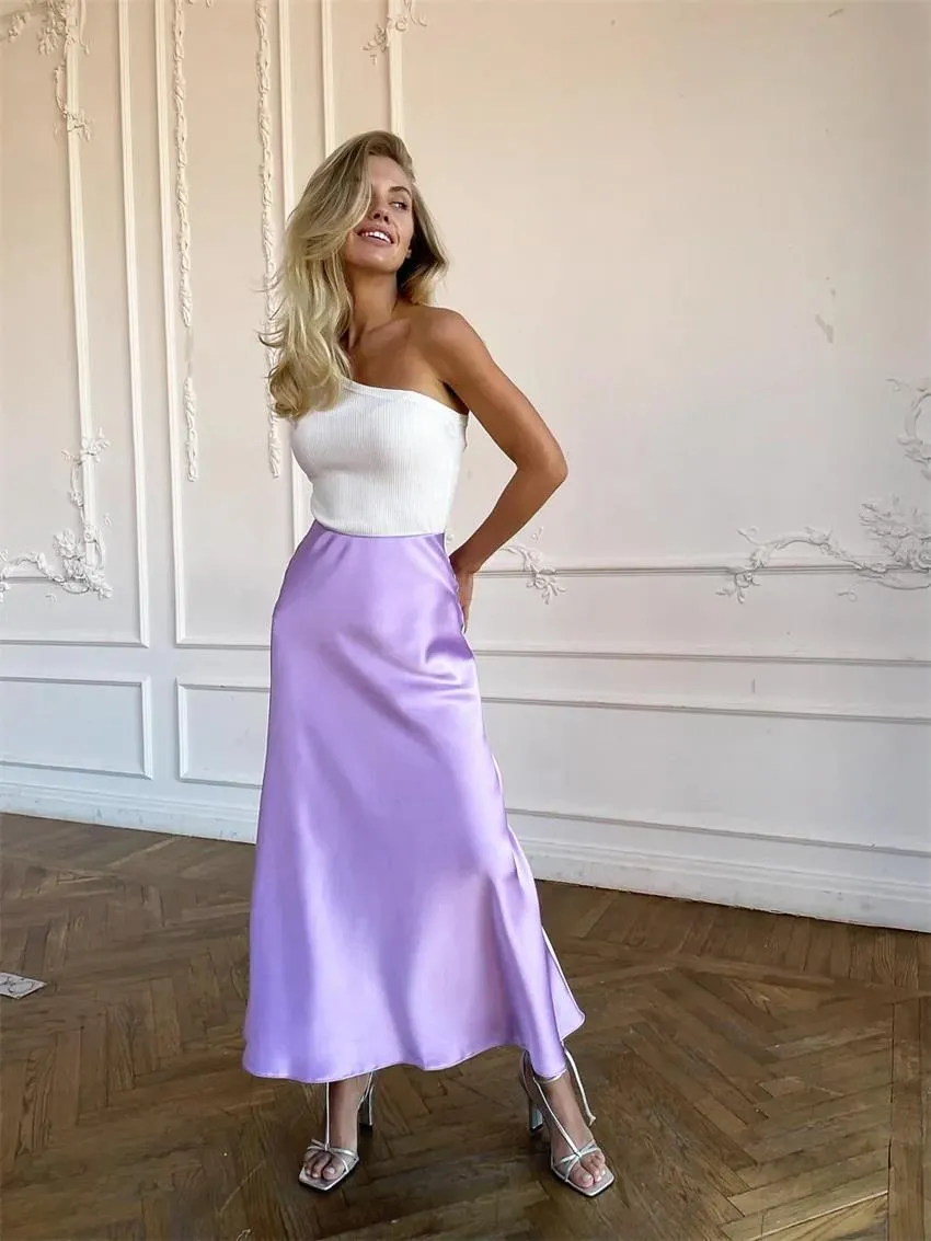 Women Skirts Korean Fashion Silk A-line Skirt  Long Summer Skirts