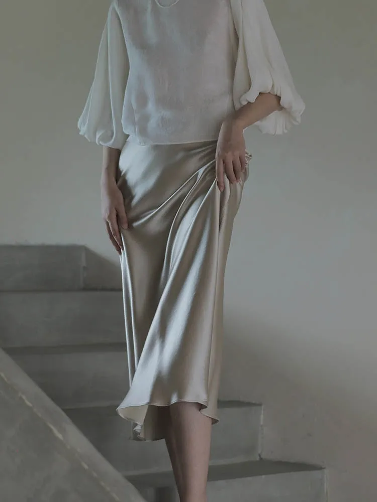 Women Skirts Korean Fashion Silk A-line Skirt  Long Summer Skirts
