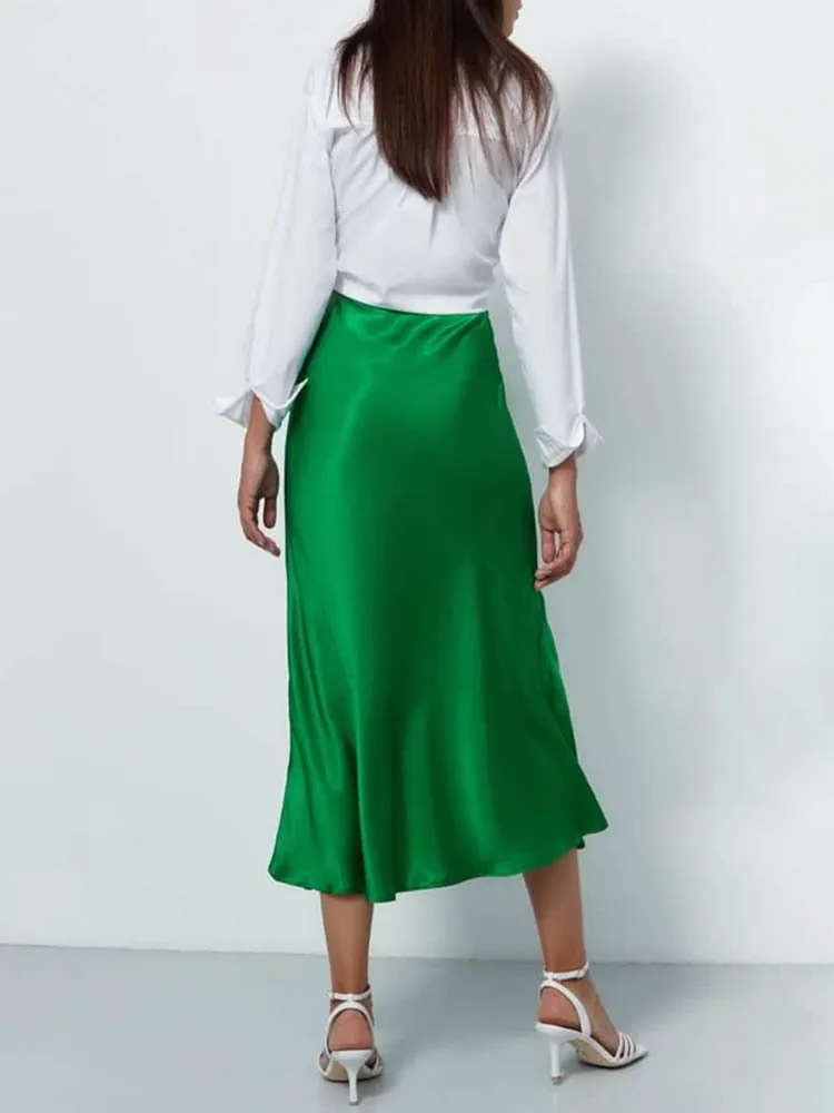 Women Skirts Korean Fashion Silk A-line Skirt  Long Summer Skirts