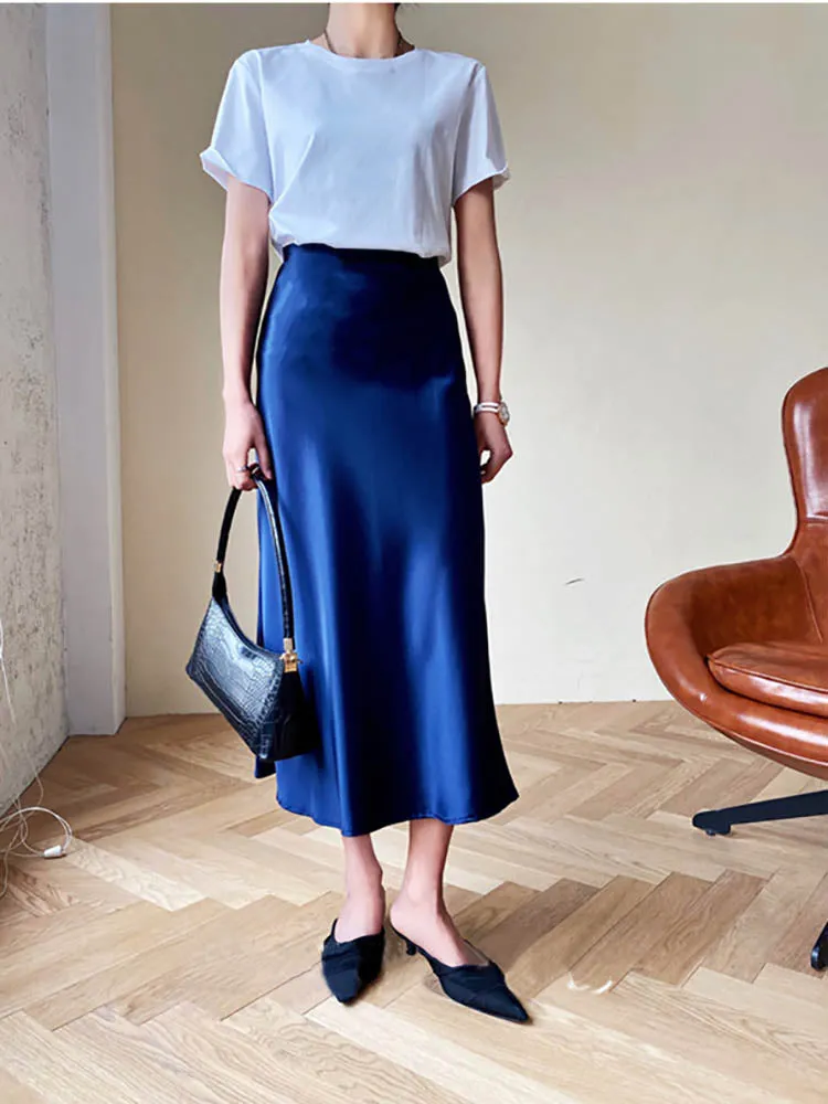 Women Skirts Korean Fashion Silk A-line Skirt  Long Summer Skirts