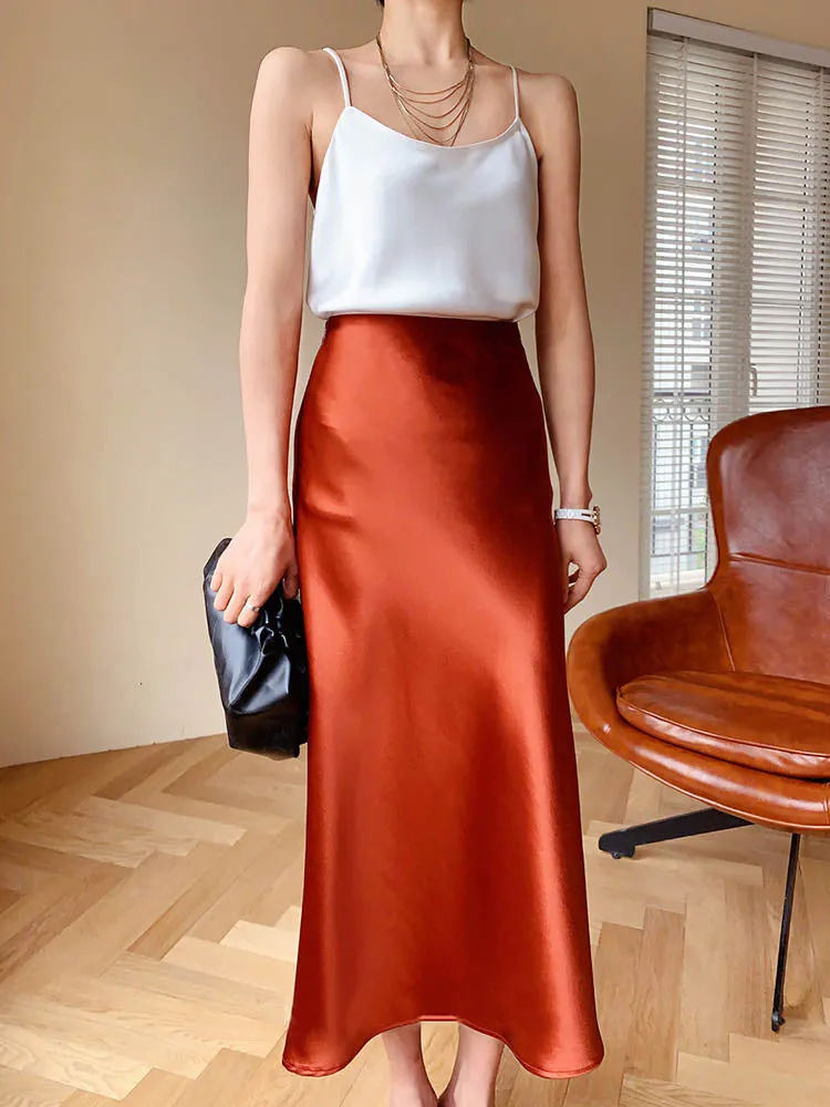Women Skirts Korean Fashion Silk A-line Skirt  Long Summer Skirts