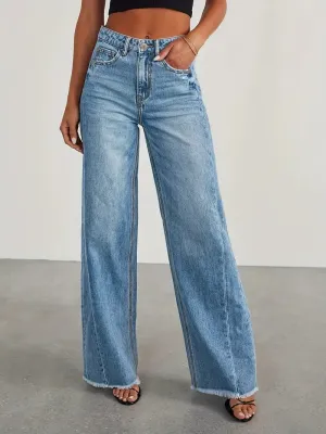 Women's High-Waisted Wide Leg Jeans | Baggy Stretch Denim with Pockets