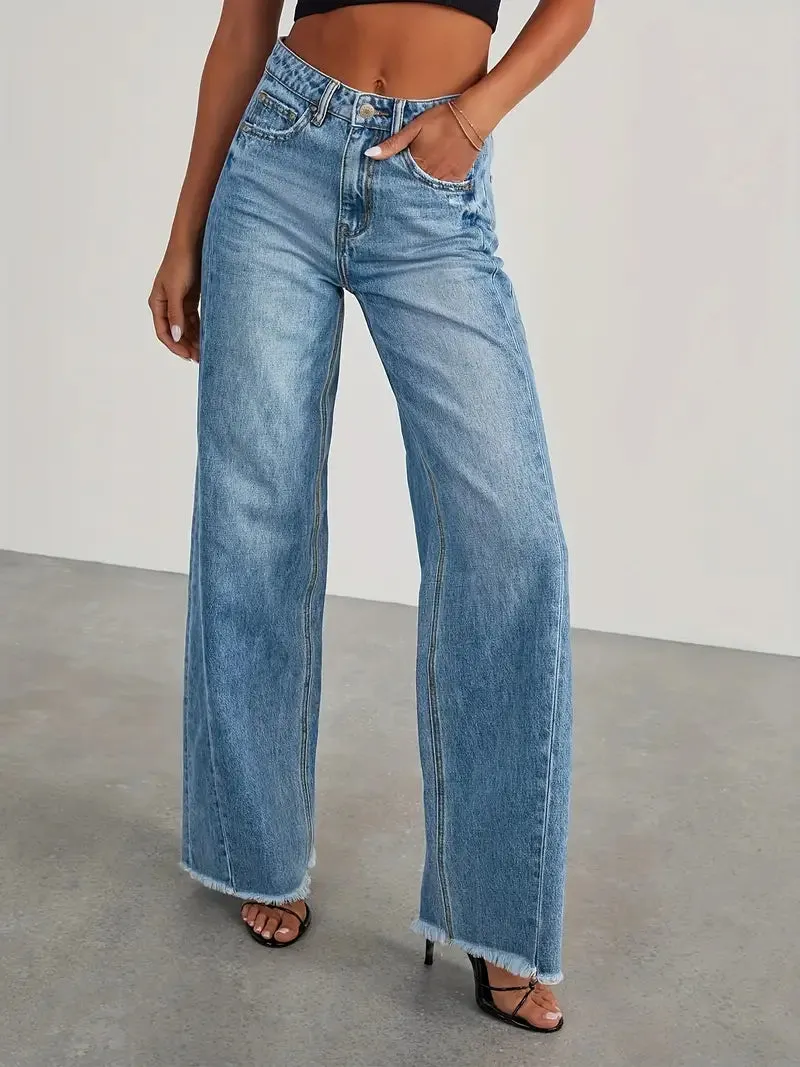 Women's High-Waisted Wide Leg Jeans | Baggy Stretch Denim with Pockets