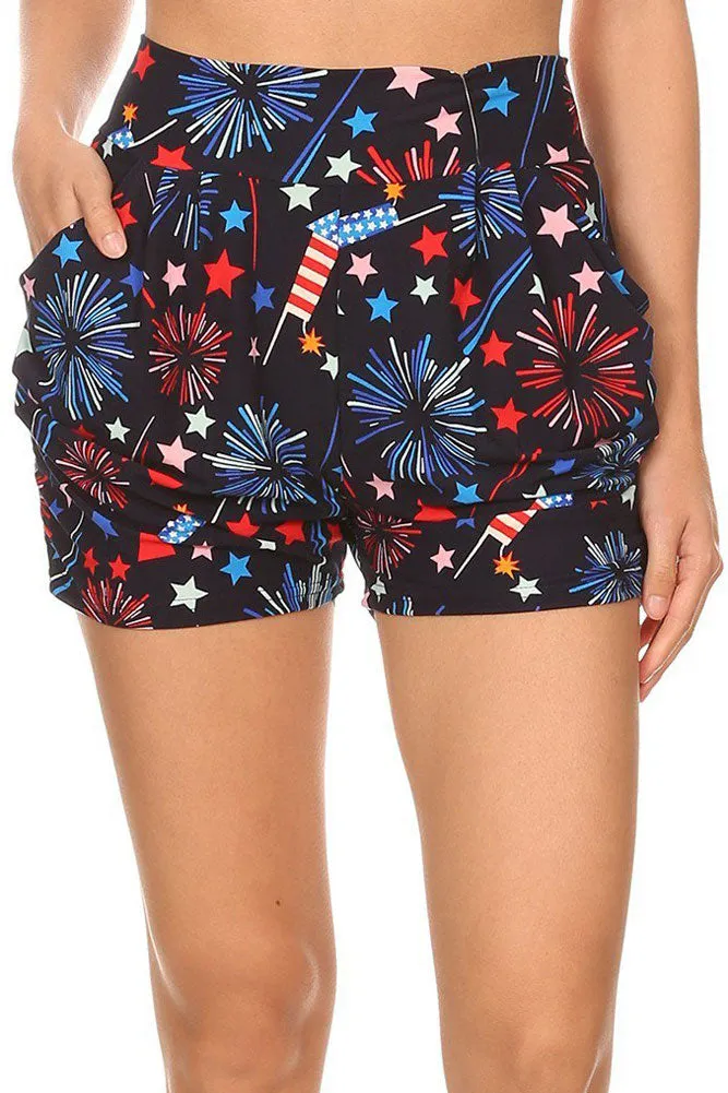 Women’s Regular 4th of July Fireworks Flag Printed Pleated Pockets Harem Shorts