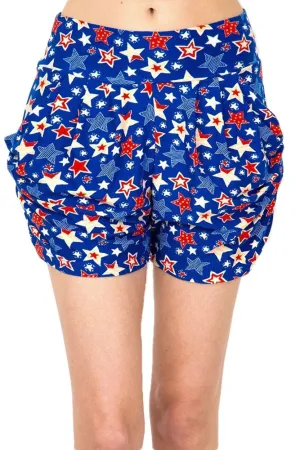 Women’s Regular Blue Red Star American Flag Printed Pleated Pockets Harem Shorts