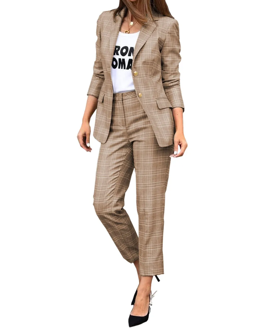 Women's Suit 2 Piece Fashionable Casual Plaid Jacket (Blazer Pants)