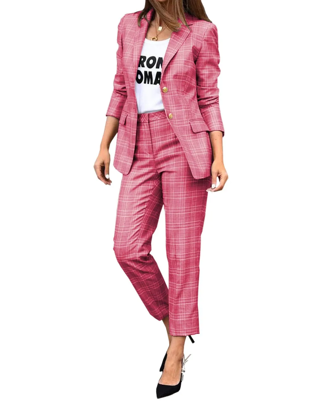 Women's Suit 2 Piece Fashionable Casual Plaid Jacket (Blazer Pants)