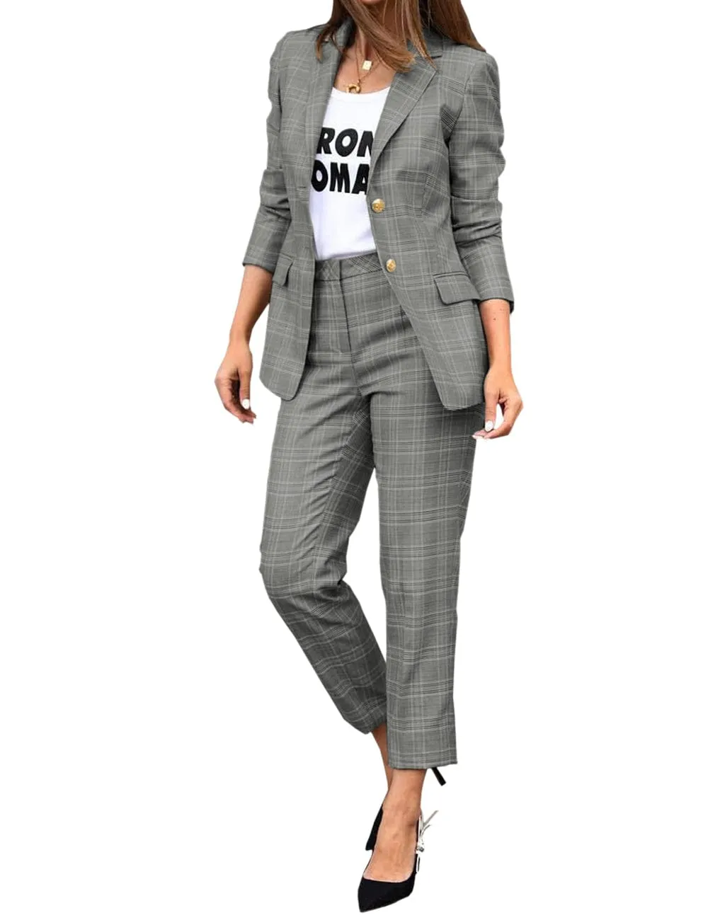 Women's Suit 2 Piece Fashionable Casual Plaid Jacket (Blazer Pants)