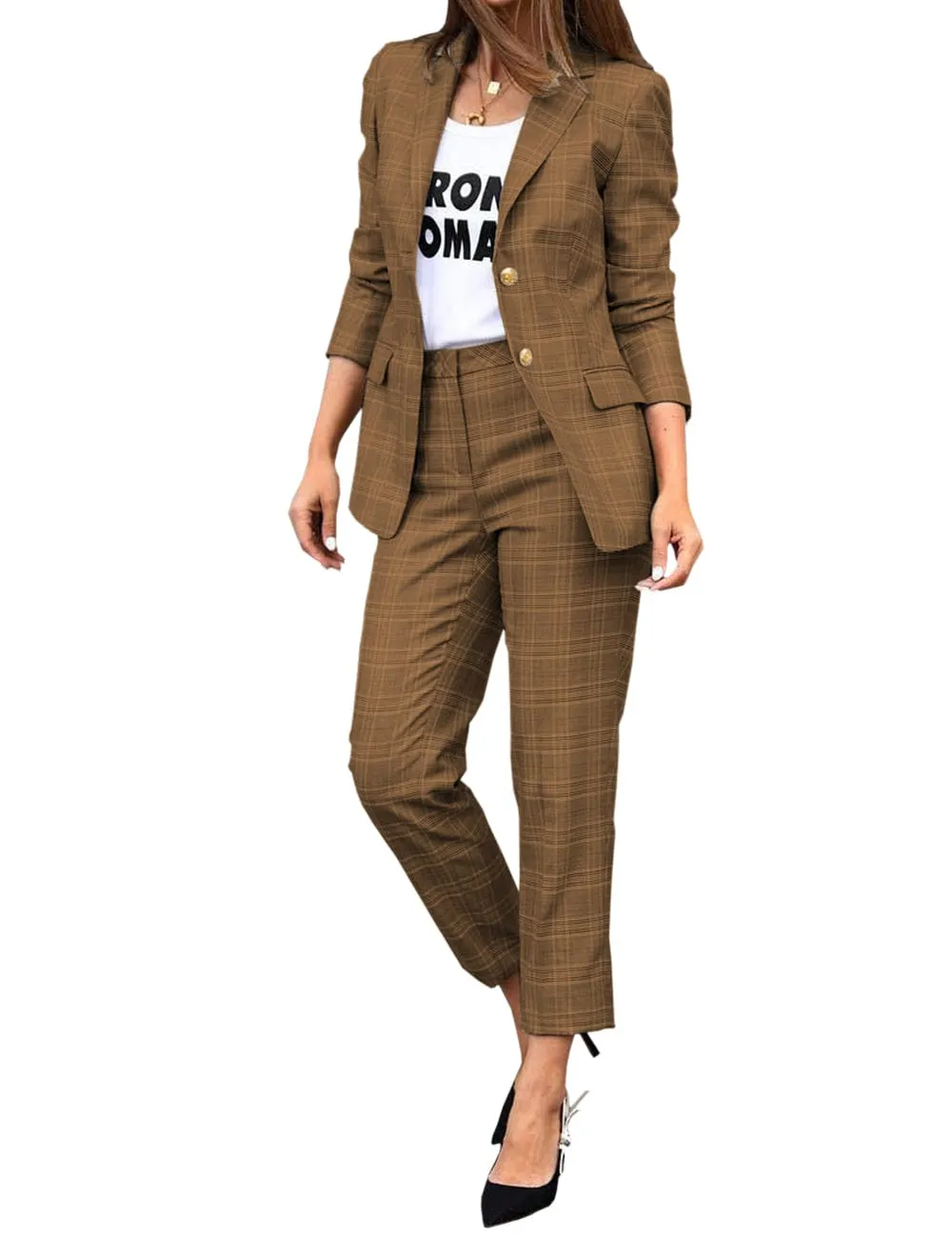 Women's Suit 2 Piece Fashionable Casual Plaid Jacket (Blazer Pants)