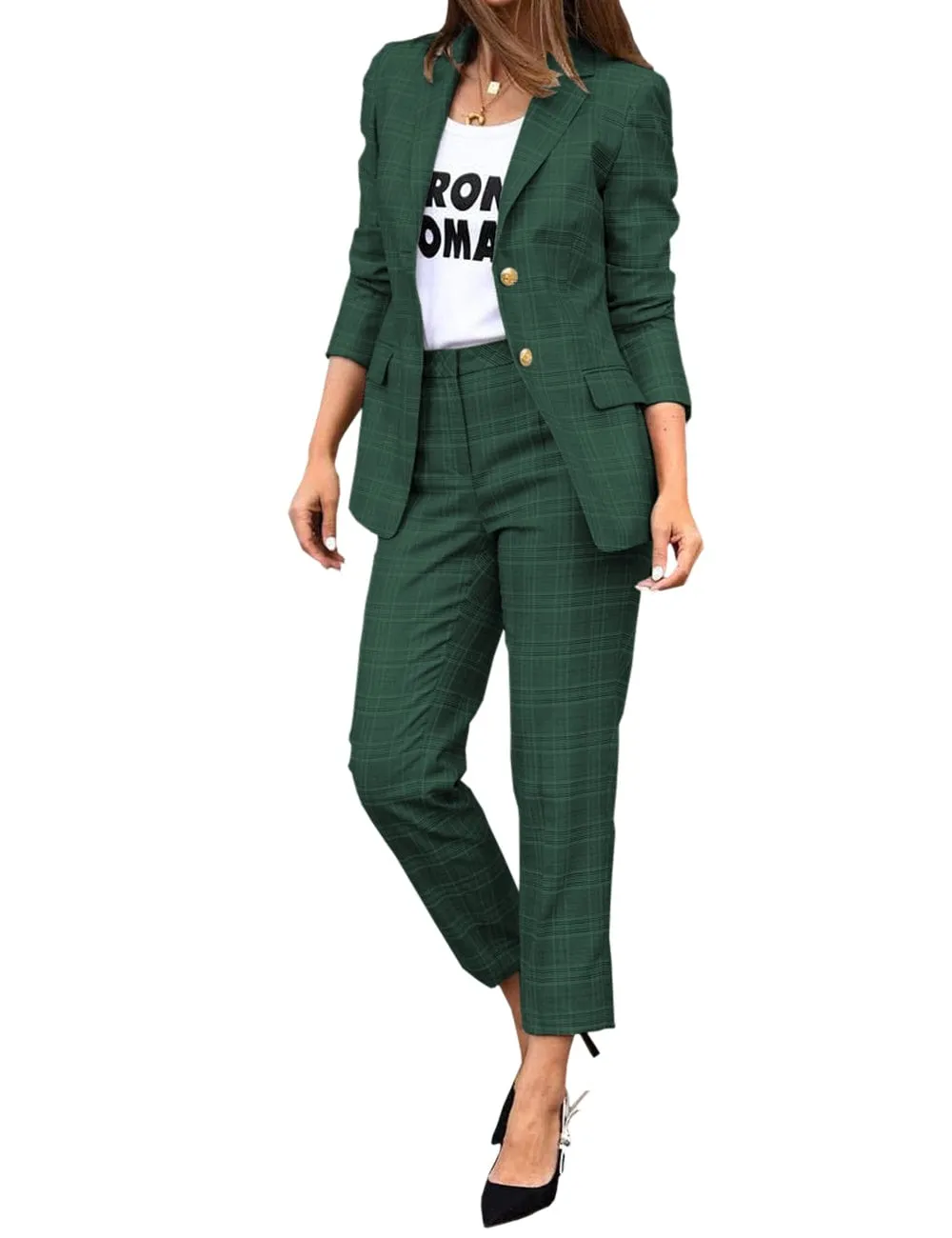 Women's Suit 2 Piece Fashionable Casual Plaid Jacket (Blazer Pants)