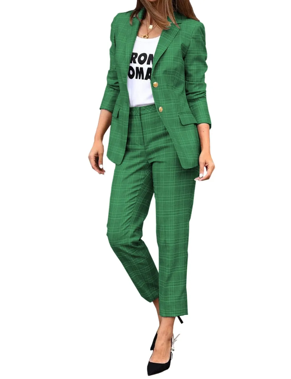 Women's Suit 2 Piece Fashionable Casual Plaid Jacket (Blazer Pants)