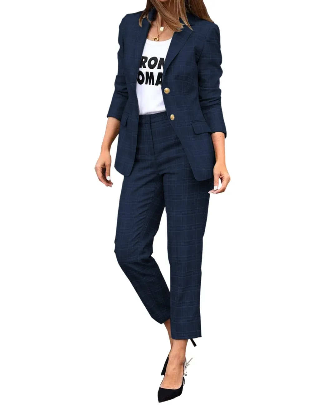 Women's Suit 2 Piece Fashionable Casual Plaid Jacket (Blazer Pants)
