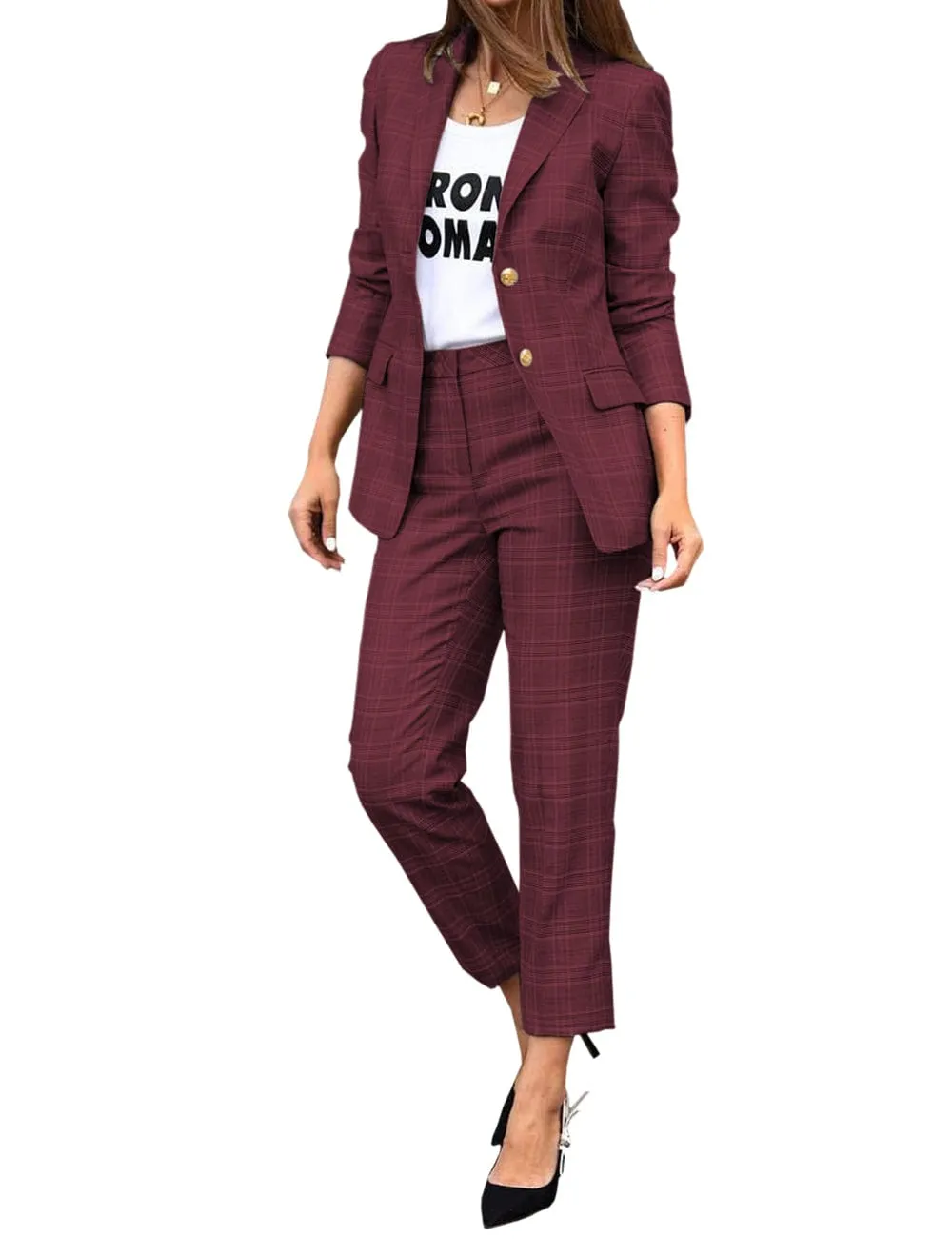 Women's Suit 2 Piece Fashionable Casual Plaid Jacket (Blazer Pants)