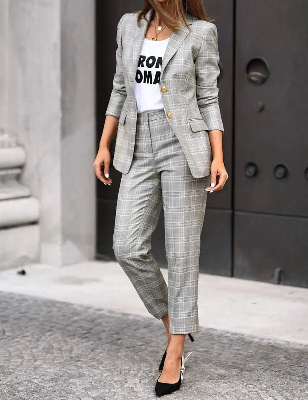 Women's Suit 2 Piece Fashionable Casual Plaid Jacket (Blazer Pants)