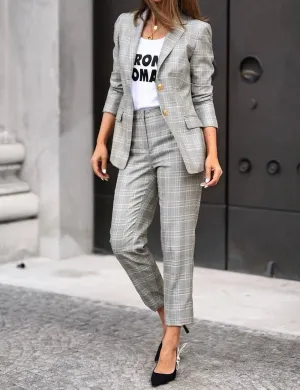 Women's Suit 2 Piece Fashionable Casual Plaid Jacket (Blazer Pants)